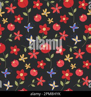 Motif sans couture de fleurs rouges et de papillons sur fond noir. Texture romantique et dynamique pour une couverture estivale Illustration de Vecteur