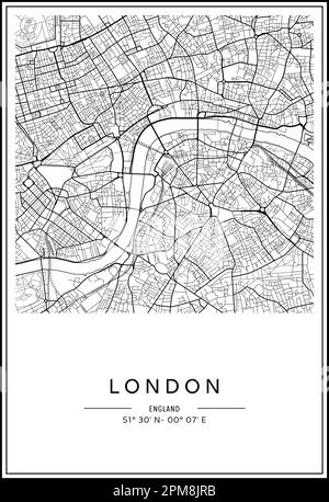 Carte de la ville de Londres imprimable en noir et blanc, design d'affiche, illustration vectorielle. Illustration de Vecteur