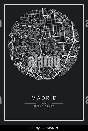 Carte de la ville de Madrid imprimable en noir et blanc, design d'affiche, illustration vectorielle. Illustration de Vecteur