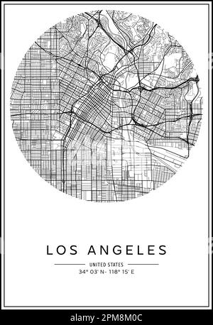 Carte de la ville de Los Angeles imprimable en noir et blanc, design d'affiche, illustration vectorielle. Illustration de Vecteur