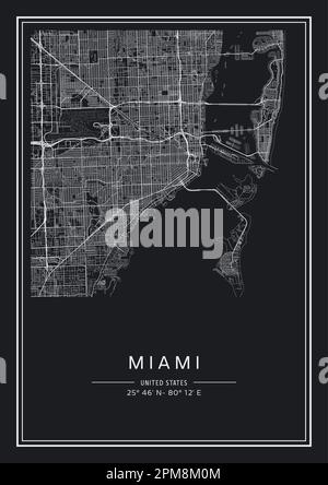 Carte de la ville de Miami imprimable en noir et blanc, design de l'affiche, illustration vectorielle. Illustration de Vecteur