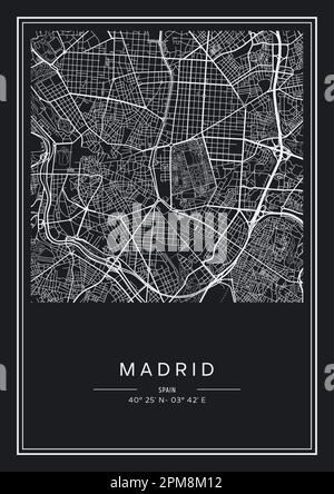 Carte de la ville de Madrid imprimable en noir et blanc, design d'affiche, illustration vectorielle. Illustration de Vecteur