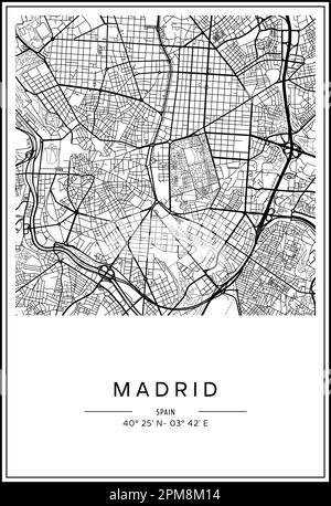 Carte de la ville de Madrid imprimable en noir et blanc, design d'affiche, illustration vectorielle. Illustration de Vecteur