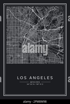 Carte de la ville de Los Angeles imprimable en noir et blanc, design d'affiche, illustration vectorielle. Illustration de Vecteur