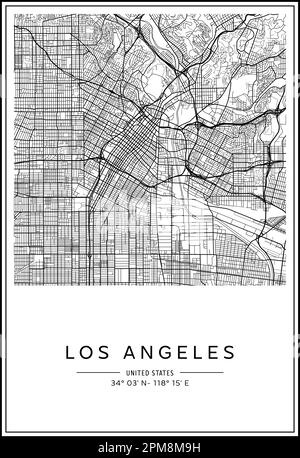 Carte de la ville de Los Angeles imprimable en noir et blanc, design d'affiche, illustration vectorielle. Illustration de Vecteur