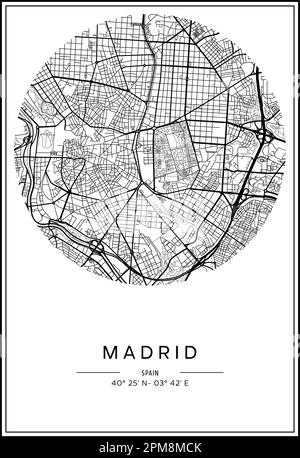 Carte de la ville de Madrid imprimable en noir et blanc, design d'affiche, illustration vectorielle. Illustration de Vecteur