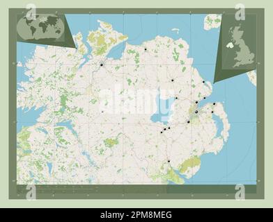 Irlande du Nord, région du Royaume-Uni. Ouvrez la carte des rues. Lieux des principales villes de la région. Cartes d'emplacement auxiliaire d'angle Banque D'Images