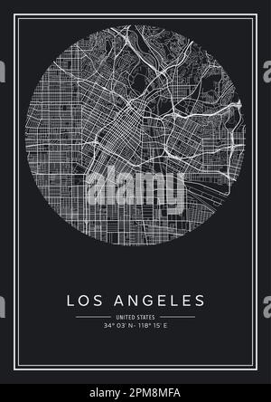 Carte de la ville de Los Angeles imprimable en noir et blanc, design d'affiche, illustration vectorielle. Illustration de Vecteur