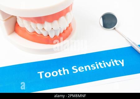 Modèle de dentiers avec sensibilité des dents maladie dentaire sur fond blanc. Banque D'Images