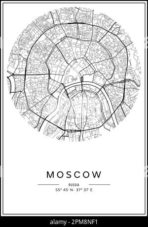 Carte de la ville de Moscou imprimable en noir et blanc, design d'affiche, illustration vectorielle. Illustration de Vecteur