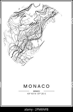 Carte de la ville de Monaco imprimable en noir et blanc, design d'affiche, illustration vectorielle. Illustration de Vecteur