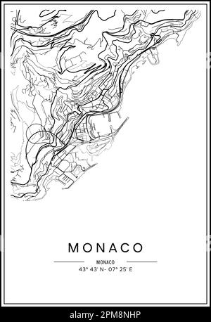 Carte de la ville de Monaco imprimable en noir et blanc, design d'affiche, illustration vectorielle. Illustration de Vecteur