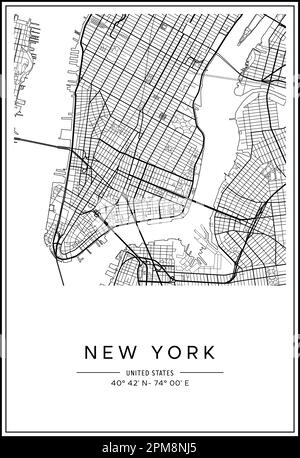 Carte de la ville de New York imprimable en noir et blanc, design d'affiche, illustration vectorielle. Illustration de Vecteur