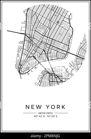 Carte de la ville de New York imprimable en noir et blanc, design d'affiche, illustration vectorielle. Illustration de Vecteur