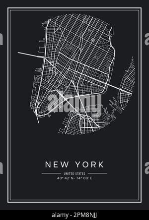 Carte de la ville de New York imprimable en noir et blanc, design d'affiche, illustration vectorielle. Illustration de Vecteur