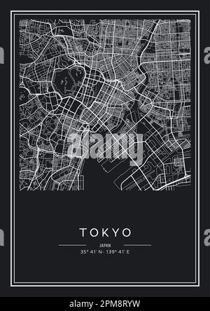 Carte de la ville de Tokyo imprimable en noir et blanc, design d'affiche, illustration vectorielle. Illustration de Vecteur