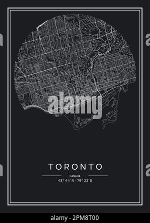 Carte de la ville de Toronto imprimable en noir et blanc, design de l'affiche, illustration vectorielle. Illustration de Vecteur