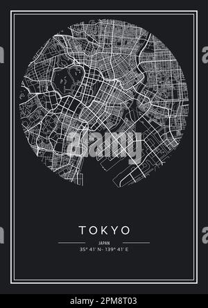 Carte de la ville de Tokyo imprimable en noir et blanc, design d'affiche, illustration vectorielle. Illustration de Vecteur