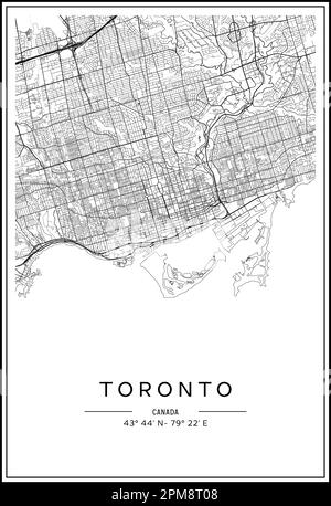 Carte de la ville de Toronto imprimable en noir et blanc, design de l'affiche, illustration vectorielle. Illustration de Vecteur