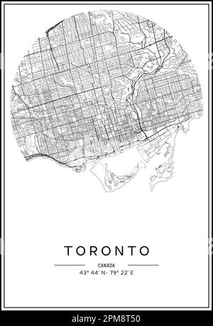 Carte de la ville de Toronto imprimable en noir et blanc, design de l'affiche, illustration vectorielle. Illustration de Vecteur