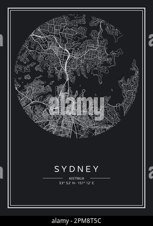 Carte de la ville de Sydney imprimable en noir et blanc, design d'affiche, illustration vectorielle. Illustration de Vecteur