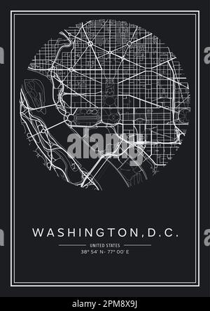 Carte de la ville de Washington, D.C., imprimable en noir et blanc, conception d'affiches, illustration vectorielle. Illustration de Vecteur