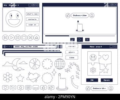 Un ensemble d'autocollants et d'icônes dans l'esthétique rétro ancien style d'ordinateur. Éléments de l'interface utilisateur, boîtes de dialogue, boutons du lecteur. Objet de conception nostalgique Y2K Illustration de Vecteur