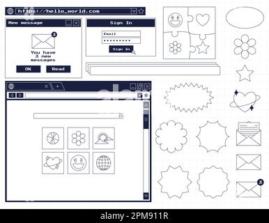 Ensemble de divers éléments et autocollants de l'interface utilisateur. Style rétro nostalgique de l'ordinateur Y2K. Fenêtre du navigateur Web, nouveau message de notification, barre de recherche, Illustration de Vecteur