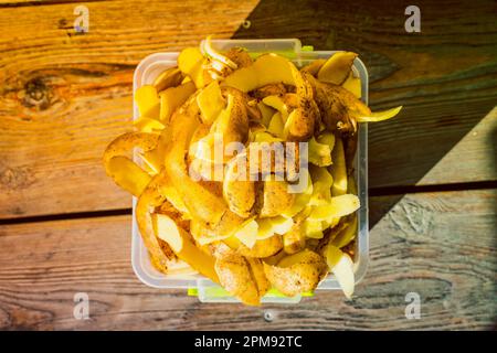 Pelez les pommes de terre dans un contenant en plastique, en gros plan. Déchets alimentaires triés séparément. Compostage des restes après épluchage des pommes de terre Banque D'Images
