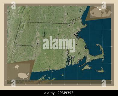 Massachusetts, État des États-Unis d'Amérique. Carte satellite haute résolution. Lieux des principales villes de la région. Emplacement auxiliaire d'angle ma Banque D'Images