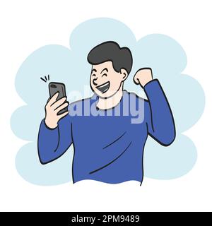 line art homme porter pull-over bleu tenant smartphone rising poing avec bonheur illustration vecteur main dessiné isolé sur fond blanc Illustration de Vecteur