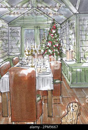 Dessin coloré d'une salle à manger de style moderne dans une véranda. Banque D'Images