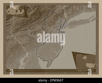 New Jersey, État des États-Unis d'Amérique. Carte d'altitude colorée en tons sépia avec lacs et rivières. Lieux et noms des principales villes du Banque D'Images