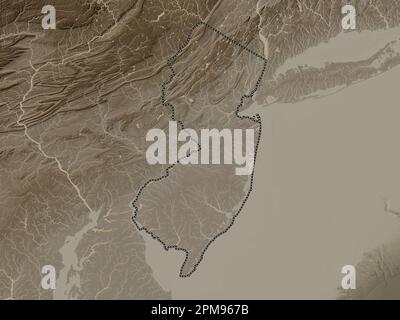 New Jersey, État des États-Unis d'Amérique. Carte d'altitude colorée en tons sépia avec lacs et rivières Banque D'Images