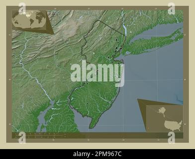 New Jersey, État des États-Unis d'Amérique. Carte d'altitude colorée en style wiki avec lacs et rivières. Lieux des principales villes de la région. COR Banque D'Images