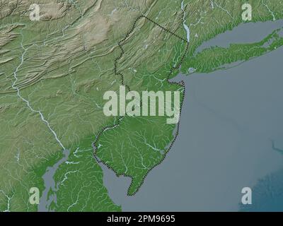 New Jersey, État des États-Unis d'Amérique. Carte d'altitude colorée en style wiki avec lacs et rivières Banque D'Images