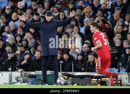 Etihad Stadium, Manchester, Royaume-Uni. 11th avril 2023. Champions League football, quart de finale, première étape, Manchester City versus Bayern Munich ; Thomas Tuchel, directeur du Bayern Munich, réagit au crédit : action plus Sports/Alamy Live News Banque D'Images