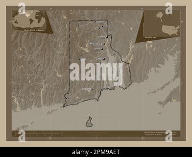 Rhode Island, État des États-Unis d'Amérique. Carte d'altitude colorée en tons sépia avec lacs et rivières. Lieux et noms des principales villes de TH Banque D'Images
