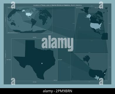 Texas, État des États-Unis d'Amérique. Schéma montrant l'emplacement de la région sur des cartes à plus grande échelle. Composition de cadres vectoriels et de formes PNG Banque D'Images