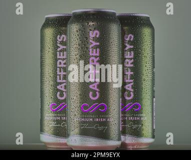 Boîtes froides de bière de Caffrey isolées sur fond vert gradient, Mansfield, Nottingham, Royaume-Uni, image de produit studio. Banque D'Images