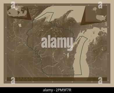 Wisconsin, État des États-Unis d'Amérique. Carte d'altitude colorée en tons sépia avec lacs et rivières. Lieux des principales villes de la région. COR Banque D'Images