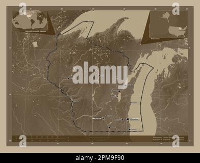 Wisconsin, État des États-Unis d'Amérique. Carte d'altitude colorée en tons sépia avec lacs et rivières. Lieux et noms des principales villes de la r Banque D'Images