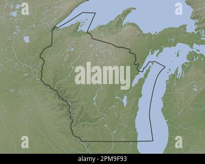 Wisconsin, État des États-Unis d'Amérique. Carte d'altitude colorée en style wiki avec lacs et rivières Banque D'Images