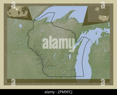 Wisconsin, État des États-Unis d'Amérique. Carte d'altitude colorée en style wiki avec lacs et rivières. Lieux des principales villes de la région. Maïs Banque D'Images