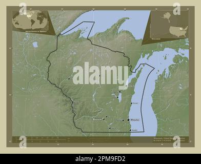 Wisconsin, État des États-Unis d'Amérique. Carte d'altitude colorée en style wiki avec lacs et rivières. Lieux et noms des principales villes du RE Banque D'Images
