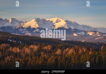 Panorama charmant des montagnes polonaises Tatra le matin. Vue sur les Tatras de l'Ouest depuis le village de Lapszanka, Pologne. Banque D'Images