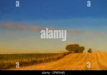 Peinture numérique des arbres à l'horizon d'un champ de blé qui a été coupé au moment de la récolte. Banque D'Images