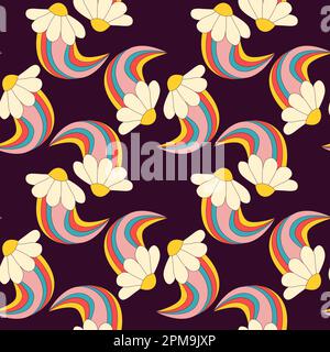 1970 motif de fleurs en arc-en-ciel sans coutures. Groovy hippie arrière-plan rétro. Abstrait vintage 90 Y2K style psychédélique de dessin animé. Illustration vectorielle. Illustration de Vecteur