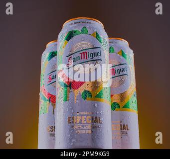 Boîtes froides de San Miguel sur fond de dégradé jaune,image produit Studio,Mansfield,Nottingham,Royaume-Uni. Banque D'Images