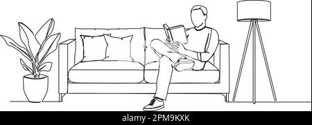 dessin continu d'un seul trait d'homme assis sur un canapé lisant un livre, illustration vectorielle d'art au trait Illustration de Vecteur